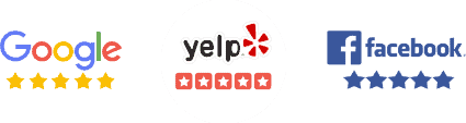 Google, Yelp, and Facebook logos with stars below
